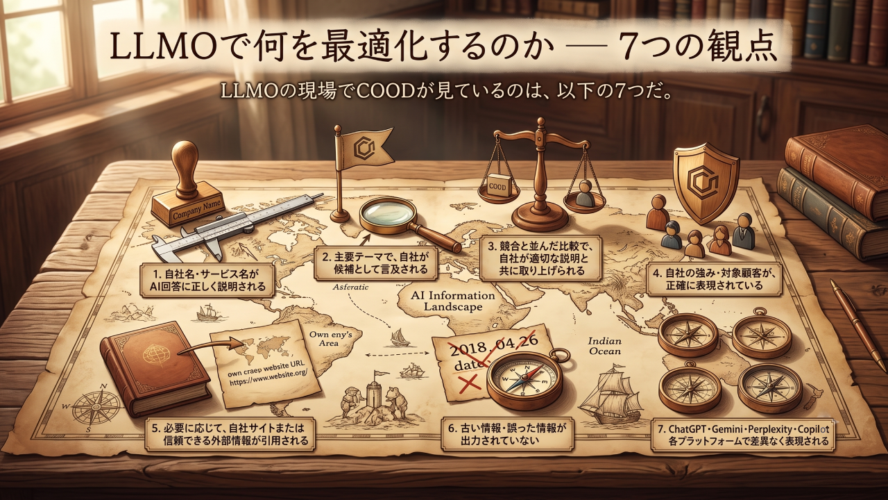 LLMOで何を最適化するのか、7つの観点を示す地図